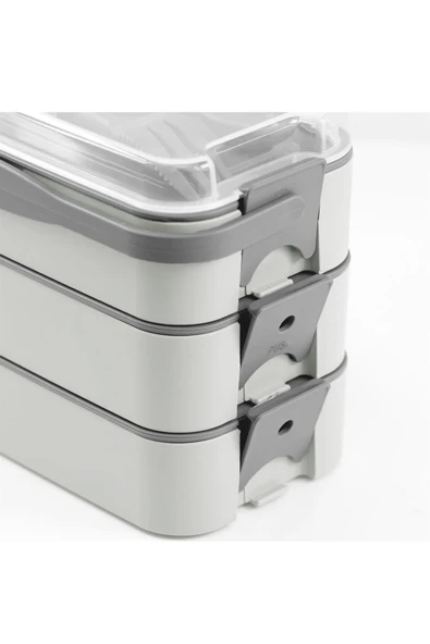 İronika 1260 ml 3 Katlı Kapaklı Çatal Bıçaklı Beslenme Kutusu Lunch Box Beslenme Kabı - Gri - 4