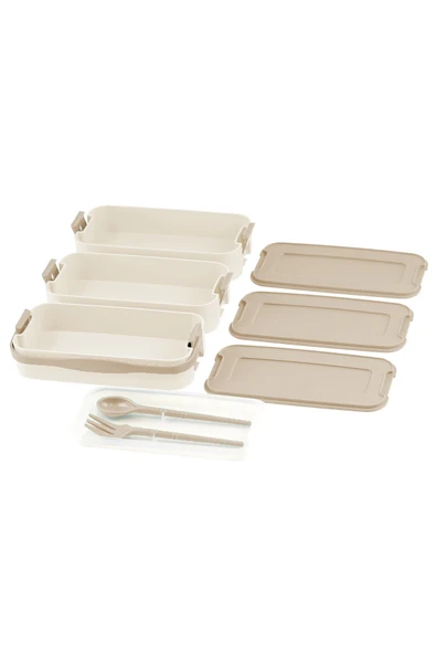 İronika 1260 ml 3 Katlı Kapaklı Çatal Bıçaklı Beslenme Kutusu Lunch Box Beslenme Kabı - Kahve - 2