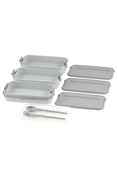 İronika 1260 ml 3 Katlı Kapaklı Çatal Bıçaklı Beslenme Kutusu Lunch Box Beslenme Kabı - Gri - 2