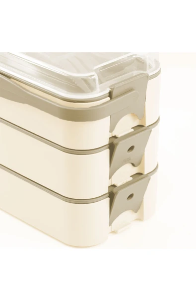 İronika 1260 ml 3 Katlı Kapaklı Çatal Bıçaklı Beslenme Kutusu Lunch Box Beslenme Kabı - Kahve - 4