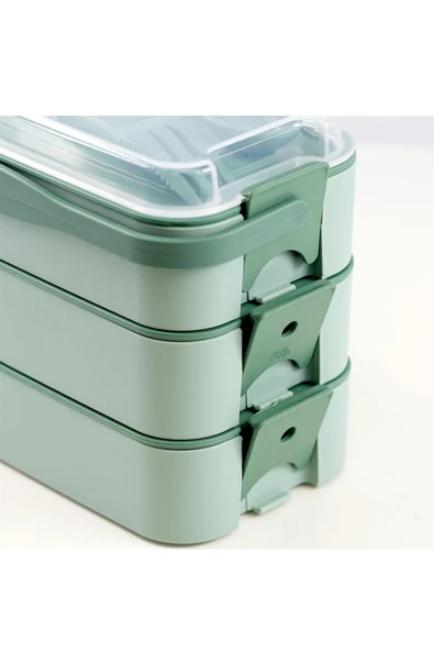 İronika 1260 ml 3 Katlı Kapaklı Çatal Bıçaklı Beslenme Kutusu Lunch Box Beslenme Kabı - Yeşil - Resim 4