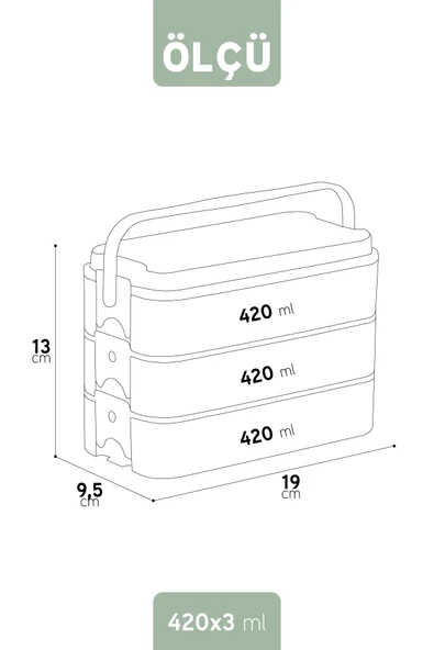 İronika 1260 ml 3 Katlı Kapaklı Çatal Bıçaklı Beslenme Kutusu Lunch Box Beslenme Kabı - Yeşil - Resim 5