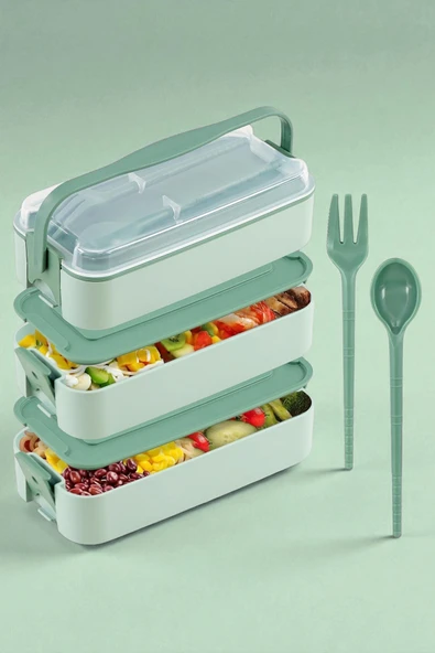 İronika 1260 ml 3 Katlı Kapaklı Çatal Bıçaklı Beslenme Kutusu Lunch Box Beslenme Kabı - Yeşil ürün görseli