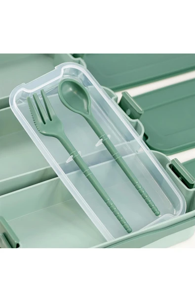 İronika 1260 ml 3 Katlı Kapaklı Çatal Bıçaklı Beslenme Kutusu Lunch Box Beslenme Kabı - Yeşil - Resim 3