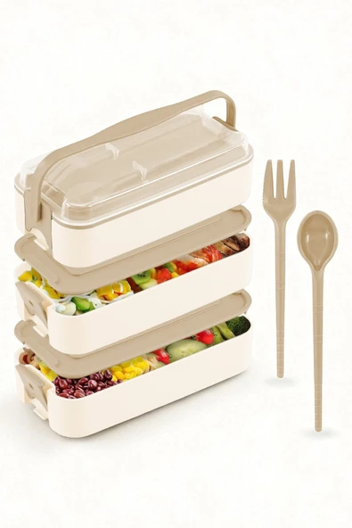 İronika 1260 ml 3 Katlı Kapaklı Çatal Bıçaklı Beslenme Kutusu Lunch Box Beslenme Kabı - Kahve - 1