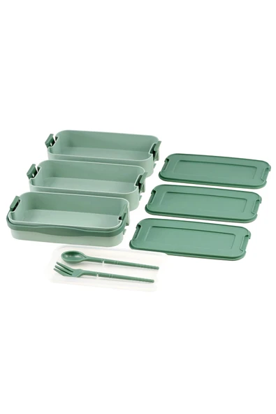 İronika 1260 ml 3 Katlı Kapaklı Çatal Bıçaklı Beslenme Kutusu Lunch Box Beslenme Kabı - Yeşil - Resim 2