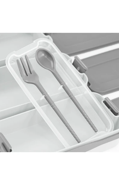 İronika 1260 ml 3 Katlı Kapaklı Çatal Bıçaklı Beslenme Kutusu Lunch Box Beslenme Kabı - Gri - 3