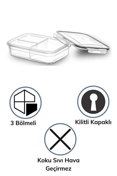 3 Bölmeli Kilitli Kapaklı 1 Litre Erzak Saklama Kabı LC-510 - Resim 7