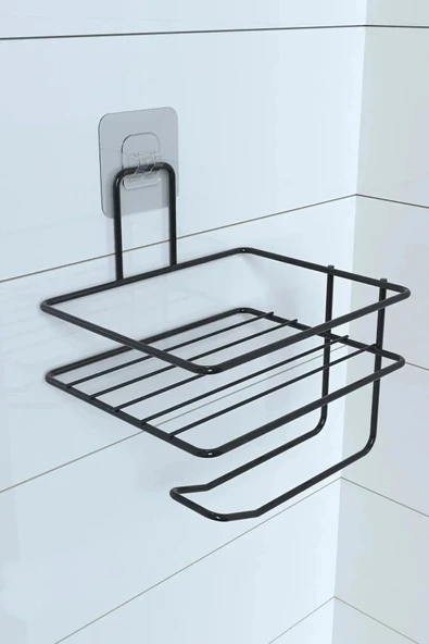 Kendiliğinden Yapışkanlı Tuvalet Kağıdı Tutacağı ve Yedek Raf - Siyah Modern Metal Tasarım - Resim 7