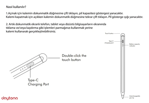 Daytona 2260 Ios/Android/Windows Dokunmatik Ekran Için Type C Şarj Kablolu Stylus Dokunmatik Yazı ve Çizim Kalemi - Resim 7
