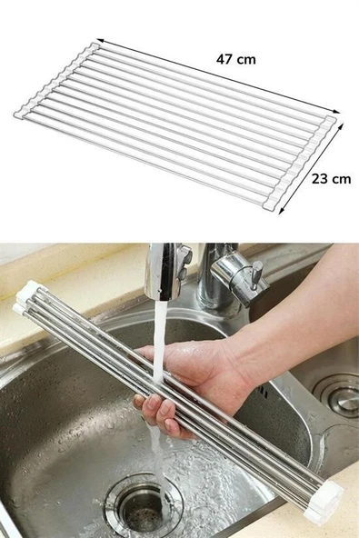 Evye Üstü Katlanır Nihale Paslanmaz Çelik Pratik Sebze Meyve Bulaşık Kurutma Süzgeci - Resim 7