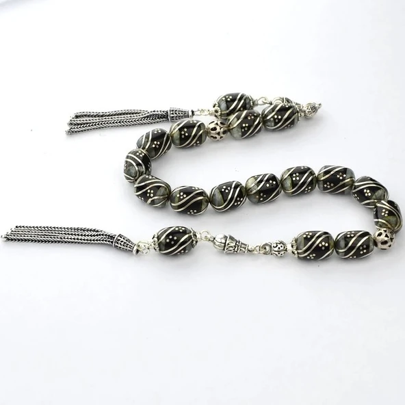 Oltu Taşı ve Galalith Çift Çeşmi Bülbül İşleme Kapsül Kesim Zaza Tespih - Resim 2