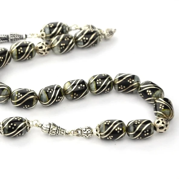 Oltu Taşı ve Galalith Çift Çeşmi Bülbül İşleme Kapsül Kesim Zaza Tespih ürün görseli 1