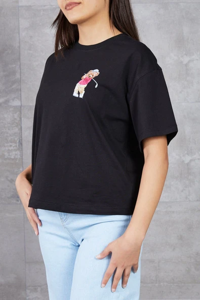 MORESUN Ayıcık Baskılı Bisiklet Yaka T-shirt - 4