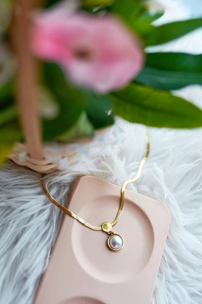 MORESUN İtalyan Zincir Küçük İncili Çelik Kolye - Resim 5