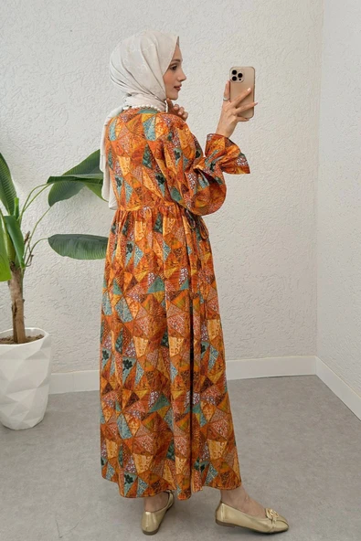 MORESUN Yandan Bağcık Detaylı Kolları Lastikli Uzun Elbise - Resim 5