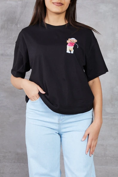 MORESUN Ayıcık Baskılı Bisiklet Yaka T-shirt - 3