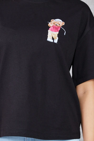 MORESUN Ayıcık Baskılı Bisiklet Yaka T-shirt - 2