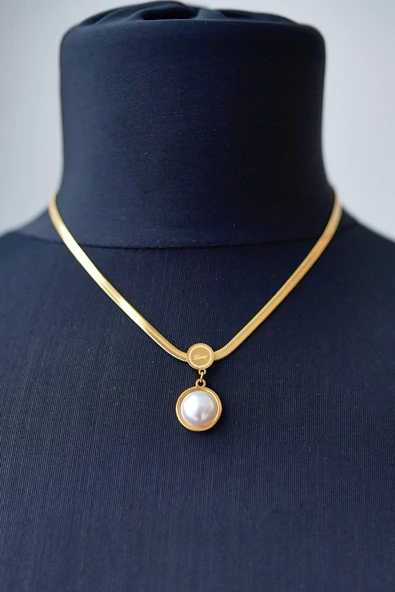 MORESUN İtalyan Zincir Küçük İncili Çelik Kolye - Resim 2