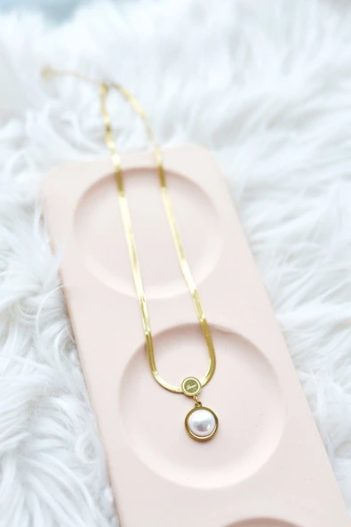 MORESUN İtalyan Zincir Küçük İncili Çelik Kolye - Resim 4