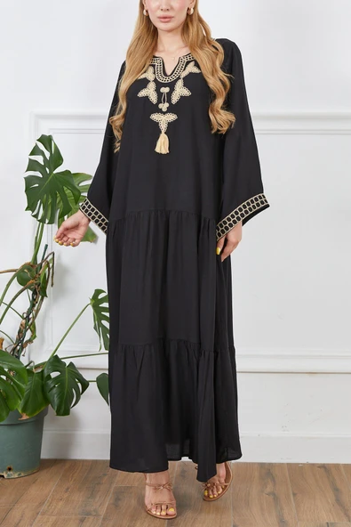 MORESUN Geniş Kalıp Nakışlı Viskon Elbise - Resim 3