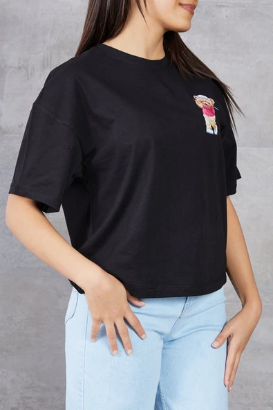 MORESUN Ayıcık Baskılı Bisiklet Yaka T-shirt - 5