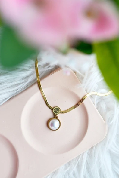 MORESUN İtalyan Zincir Küçük İncili Çelik Kolye - Resim 3