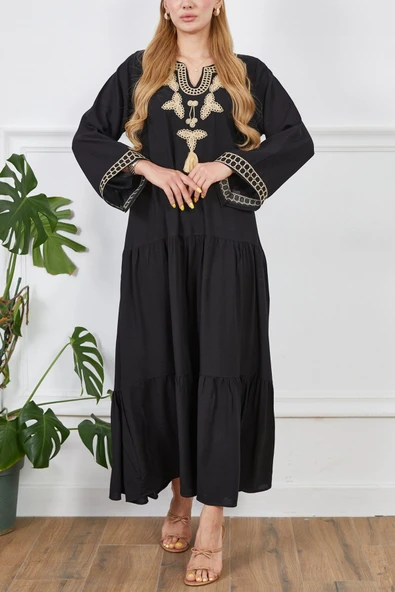 MORESUN Geniş Kalıp Nakışlı Viskon Elbise - Resim 6