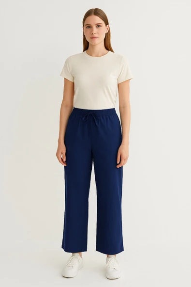 MORESUN Bağcık Detaylı Bol Paça Beli Lastikli Keten Pantolon ürün görseli