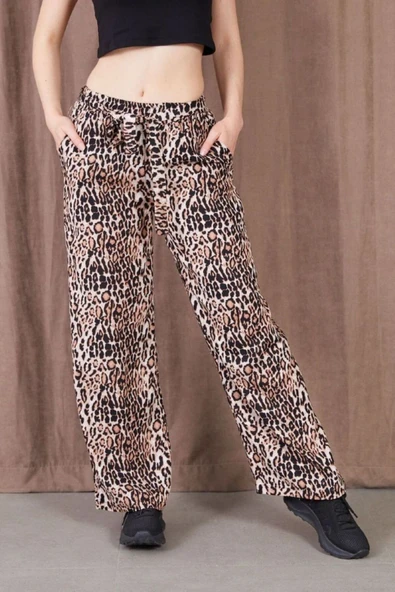 MORESUN Desenli Beli Lastikli Rahat Kalıp Bol Paça Pantolon - Resim 4