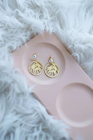 MORESUN İnci Yaprak Çelik Küpe - Resim 2