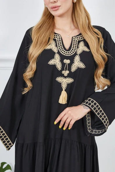 MORESUN Geniş Kalıp Nakışlı Viskon Elbise - Resim 2