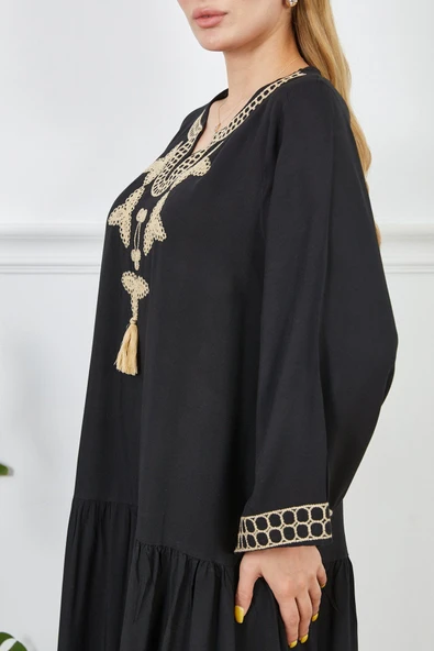 MORESUN Geniş Kalıp Nakışlı Viskon Elbise - Resim 5