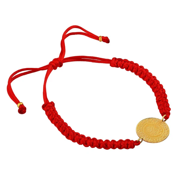 AgaKulche 22 Ayar Çeyrek Altınlı Kırmızı İpli Bileklik - Resim 3