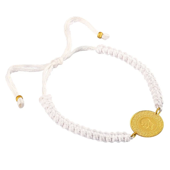 AgaKulche 22 Ayar Çeyrek Altınlı Beyaz İpli Bileklik - Resim 3