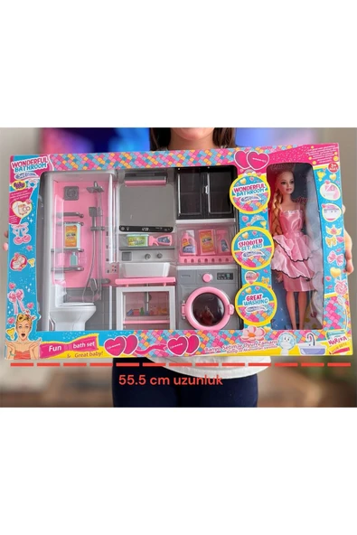 tmtoysandmore Evcilik Oyun Seti Banyo Lavabo Çamaşır Mak. 30 Cm Et Bebekli - 1