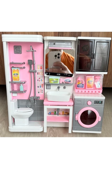 tmtoysandmore Evcilik Oyun Seti Banyo Lavabo Çamaşır Mak. 30 Cm Et Bebekli - 3