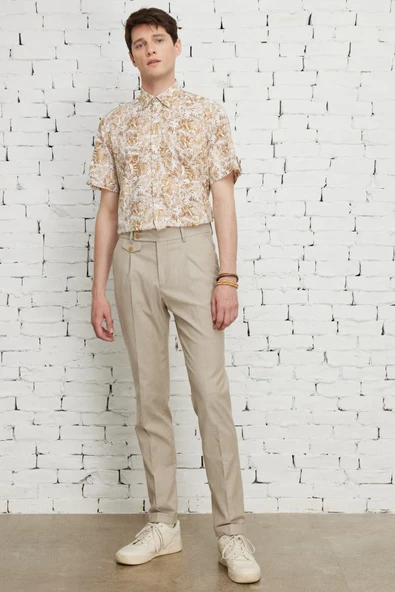 AltınYıldız Classics Erkek Bej Slim Fit Dar Kesim Yan Cepli Balıksırtı Desenli Esnek Pantolon - Resim 2