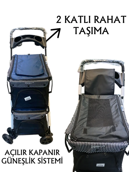Tommy İki Katlı Evcil Hayvan Arabası 85x51x100cm Lacivert Max 10+10 Kg - Resim 2