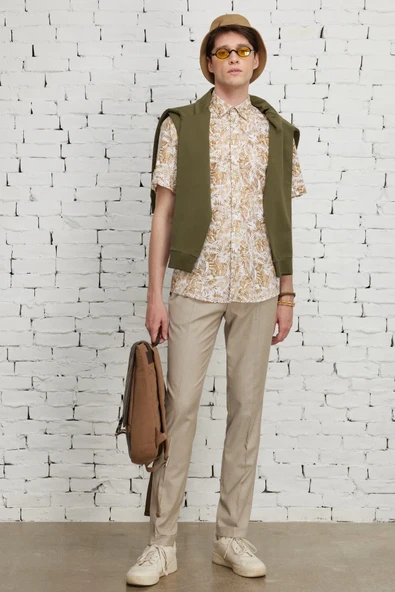 AltınYıldız Classics Erkek Bej Slim Fit Dar Kesim Yan Cepli Balıksırtı Desenli Esnek Pantolon - Resim 3