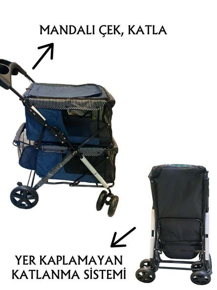 Tommy İki Katlı Evcil Hayvan Arabası 85x51x100cm Lacivert Max 10+10 Kg - Resim 3