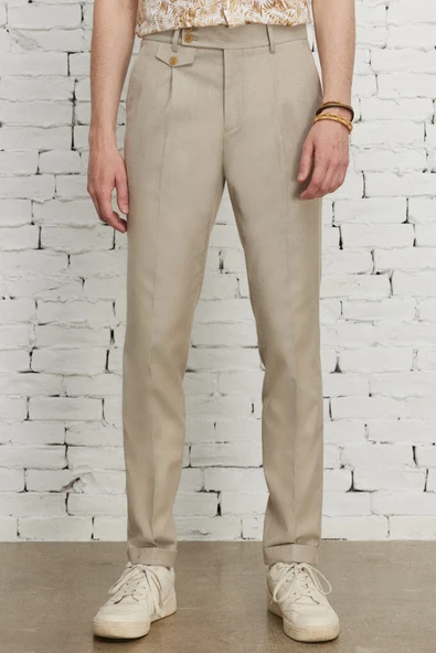 AltınYıldız Classics Erkek Bej Slim Fit Dar Kesim Yan Cepli Balıksırtı Desenli Esnek Pantolon ürün görseli 1