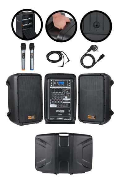 Hepa Merz Potent Kompakt Portatif Ses Sistemi Mixer Çift Hoparlör ve Çift Mikrofon 1000W