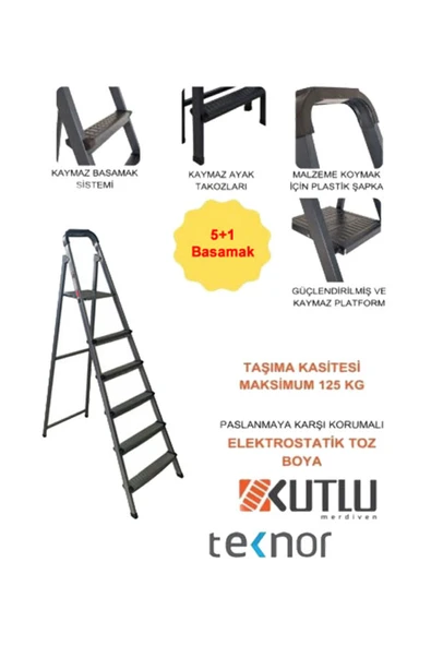 Kutlu Dayanıklı 5+1 Metal Basamaklı Merdiven