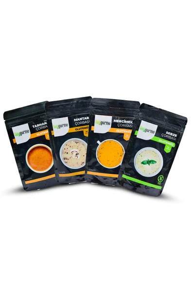 4'LÜ ÇORBA SETİ GLUTENSİZ KLASİK TARHANA ÇORBASI 70GR- GLUTENSİZ MANTAR ÇORBASI 70GR -GLUTENSİZ MERCİMEK ÇORBASI 70GR -  GLUTENSİZ SEBZE ÇORBASI 70GR