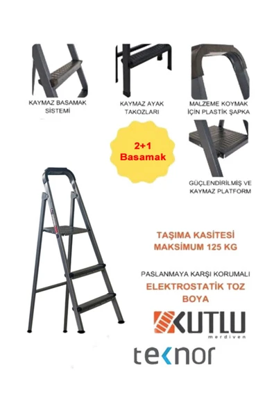 Kutlu Dayanıklı 2+1 Metal Basamaklı Merdiven