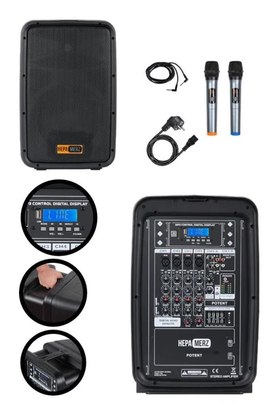 Hepa Merz Potent Kompakt Portatif Ses Sistemi Mixer Çift Hoparlör ve Çift Mikrofon 1000W - 3