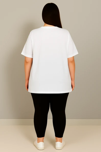 Kadın Büyük Beden Kısa Kollu Bisiklet Yaka Basic Oversize T-shirt 1977-25 - 10