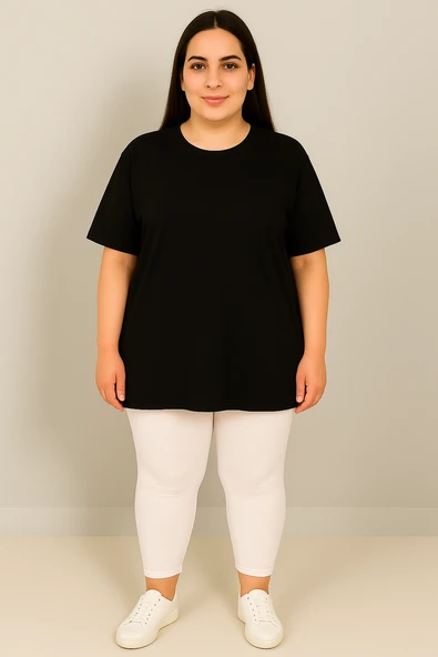 Kadın Büyük Beden Kısa Kollu Bisiklet Yaka Basic Oversize T-shirt 1977-25 - 3