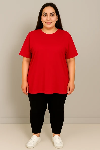 Kadın Büyük Beden Kısa Kollu Bisiklet Yaka Basic Oversize T-shirt 1977-25 - 6